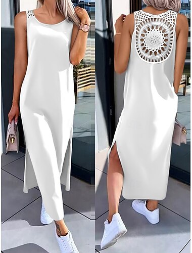  Damen Maxi Kleid T-Shirt Kleid Tee Kleid Sommer Kleid Sportliches Kleid Unifarben Lässig Urlaub Täglich Reguläre Passform Schlicht Ärmellos Rundhalsausschnitt Schwarz Weiß Blau Grün Sommer