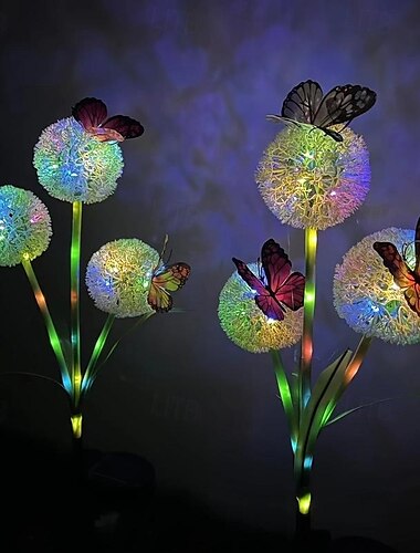  2 stuks led-zonnelampen voor buiten, 3 koppen, gesimuleerde paardenbloem, ui, vlinderstripverlichting met lichtgevende grondinzet, patioverlichting, binnenplaats, tuin, park, pad, gazon, bruiloft, feest, festivalsfeer