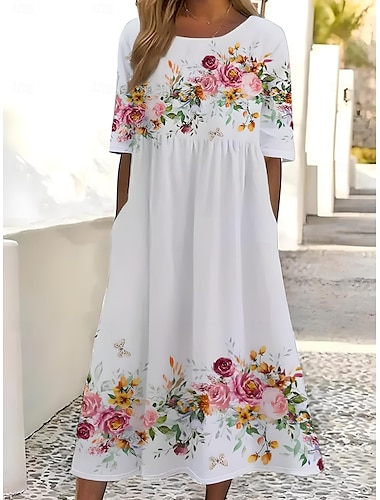  Damen Midikleid Sommerkleid Unterkleid Urlaub Lässig Strand Geburtstag Täglich Ferien Lässiger Schnitt Blumen Grafik Kurzarm Rundhalsausschnitt Weiß Sommer
