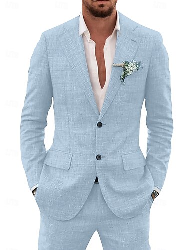  Heren Trouw Linnenpakken Luchtblauw Beige 80% Linnen Effen Kleur Zomerpakken Tailored Fit 2-delige Enkele Knop
