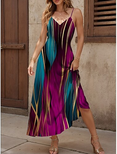  Femmes Robe maxi Robe trapèze Robe d'été Robe Nuisette Vacances Occasionnel Plage Coupe régulière Graphique Géométrique Abstrait Sans manches Col en V Violet Été Printemps