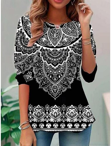  Damen T Shirt Blumen Grafik Lässig Langarm Rundhalsausschnitt Normale Oberteile Täglich Druck Weiß / Schwarz Schwarz Blau Orange Braun Frühling Herbst