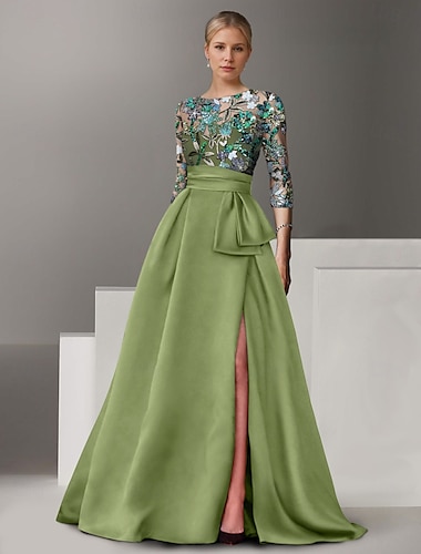  Ligne A Robe de Soirée Élégant Robe Formel Mariage Longueur au sol Demi Manches Col de chemise Satin avec Noeud(s) Fente Broderie 2025