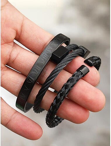  sada pánských zlatých náramků z nerezové oceli – římské číslice, náramky se splétanými a kabelovými drátěnými manžetami, stylové stohovatelné šperky pro podnikání, běžné nošení a párty