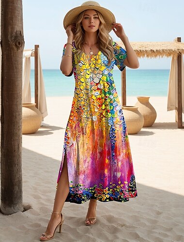  Robe Femme Maxi T-shirt Robe T-shirt Robe de Plage Robe Shift Robe d'Été Élégante Bohème Tropicale Vacances Fête Holiday Coupe Regular Imprimé Ombre Manches Courtes Col Rond Rose Été