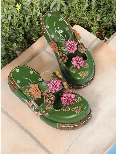  kvinners floral tresko sandaler – håndlagde bohemske slip-on wedge muldyr med utskjæringsdesign for fritidsklær og utendørs komfort