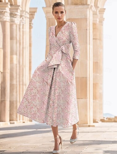  Jacquard Blommönster Blå Rosa A-linje Cocktail klänningar Elegant Formell Bröllop Ankellängd Halv ärm V-hals Nylon Tryck Slits Ficka Bröllopsgäst klänning 2025