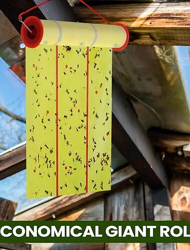  屋内外での使用に適した巨大な粘着性ハエトラップ 1 ロール - 蚊やハエ、昆虫の駆除に使用できる明るい黄色と赤のストライプのハエ取りテープ