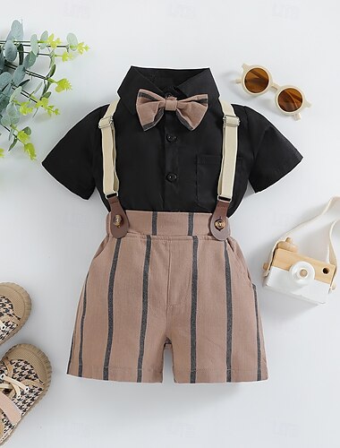  3 Peças Terno de Pajem Para Meninos Infantil Bébé Camisa & Shorts Escola Formal Festa Legal Básico Casual Listra Listrado Decote V Preto Algodão