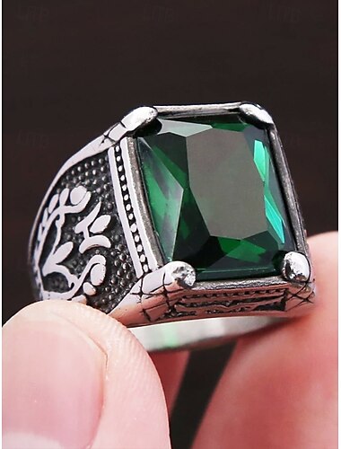  vintage herre rustfrit stål smaragd ædelsten ring - vintage gotisk sølv statement ring, graveret antik stil, mode smykker til bryllupper, fester og daglig brug