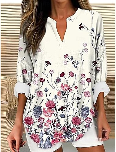  Női Blúz Tunika V Nyak Hosszú Ujjú Boho Lazac Tops Virágos Grafika Vintage Trópusi Normál Tops Napi Viselés Nyomtatás Fehér Rózsaszín Kék Zöld Szürke