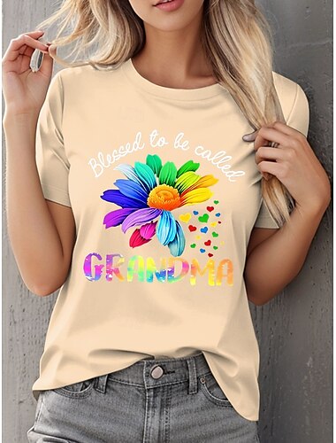  母の日 女性用 Tシャツ フラワー グラフィック レタード カジュアル 半袖 ラウンドネック レギュラートップス 日常 プリント ピンク パープル オフホワイト 夏