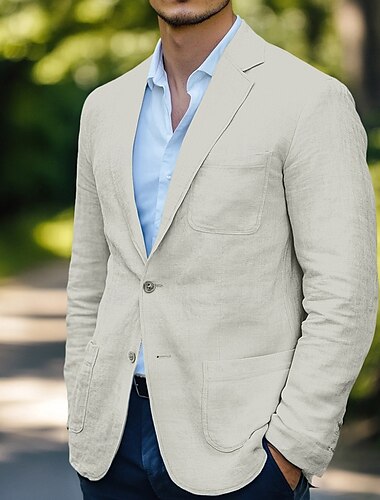  Herren Leinenblazer Sport Jacke Hochzeit Alltagstauglich Mode Ganzjahres Baumwoll-Leinen Einfarbig Basic Einreihig Zwei-Knopf Blazer Weiß Himmelblau Beige