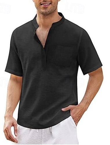  Herren Hemd Sommerhemd Freizeithemd Strandhemd Knopfhemd Schwarz Weiß Blau Dunkel Blau Armeegrün Kurzarm Einfach Stehkragen Urlaub Hawaiianisch Tasche Bekleidung Polyester Mode Lässig Bequem