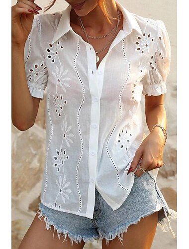  Per donna Camicia Blusa Liscio Moderno Informale Manica corta Colletto Top regolari Giornaliero Per eventi Bottoni Bianco Estate