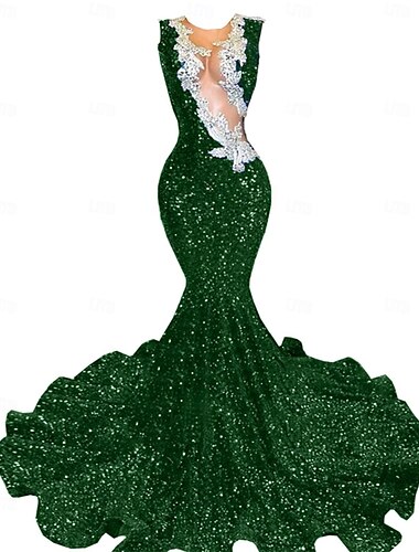  Meerjungfrauenschnitt Abendkleid Party Kleid Abendgesellschaft Abschlussball Bodenlange Schleppe Ärmellos Juwelenhals Spandex mit Glitzer Perlenstickerei Paillette 2025