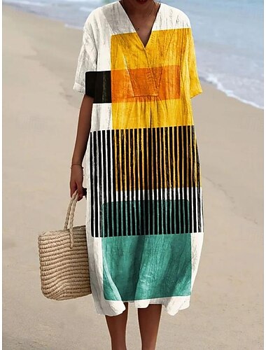  Damen Midi Kleid Sommerkleid A-Linie Kleid Leinen Urlaub Lässig Strand Ausgehen Lockere Passform Grafik Geometrisch Kurzarm V-Ausschnitt Weiß Rosa Rot Khaki Sommer
