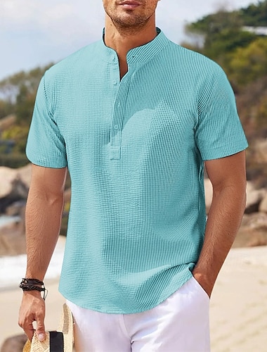  Voor heren Overhemd Popover-shirt Zomer overhemd Normaal shirt Strand hemd Overhemd met knopen Zwart Wit Blozend Roze Marineblauw Blauw Korte mouw Effen / effen kleur Band Kraag Henley Vakantie Hawaii