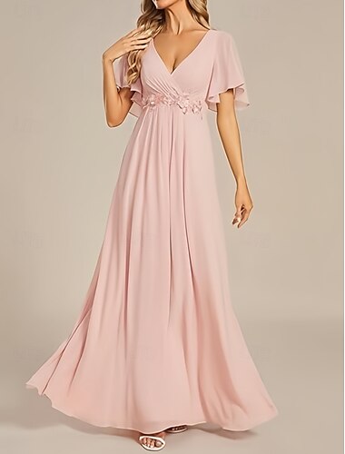  A-Linie Brautjungfernkleid V Ausschnitt Kurzarm Elegant Bodenlang Chiffon mit Applikationen / Raffung 2022
