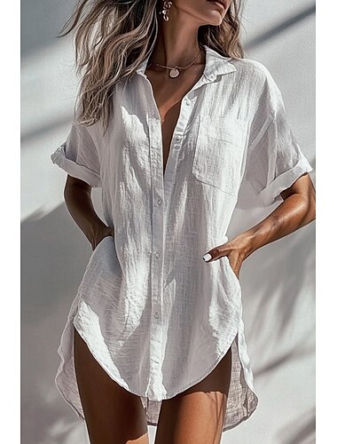  Dames Overhemd Linnen-geïnspireerde overhemden Knoop omhoog Blouse Effen Basic Modern Korte mouw Overhemdkraag Lange tops Feestdagen Uitgaan Knop Zak Asymmetrisch Zwart Wit Abrikoos Zomer