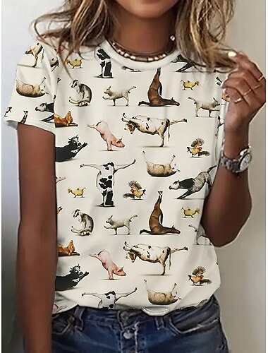  Dame T-shirt Sommertoppe Grafisk Dyr Klassisk Afslappet Kortærmet Rund hals Crop Tops Daglig Weekend Trykt mønster Regnbue Sommer Forår Efterår