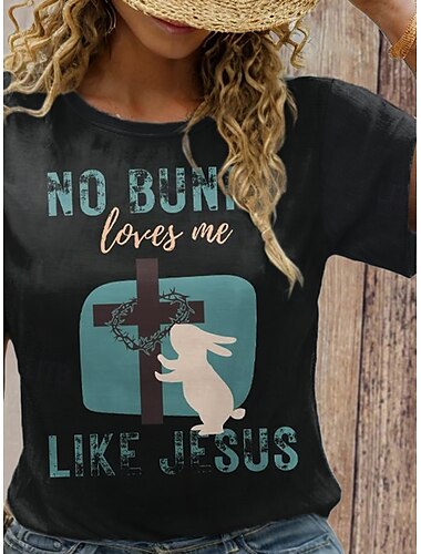  Easter Women's T Shirt Letter Cross Casual Short Sleeve Round Neck Regular Tops Daily Going out Weekend Print Black Summer