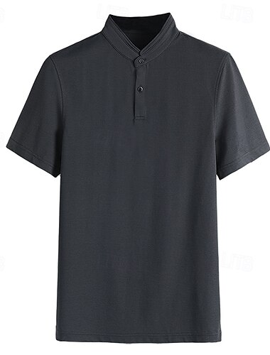  Herren-Poloshirt aus Seiden-Baumwoll-Mischgewebe, Strick-Polopullover, formelle Arbeit, Stehkragen, kurze Ärmel, einfarbig, Button-Down, Sommer, Dunkelgrau, Schwarz, Weiß, Khaki, Grau