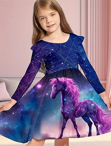  Meisjes 3D Paard Jurk Jurk met ruches Lange mouw Zomer Lente Vakantie Dagelijks Feestdagen Prinses Mooi Zoet Kinderen 4-12 jaar Casual jurk A lijn jurk Tot de knie Normale pasvorm