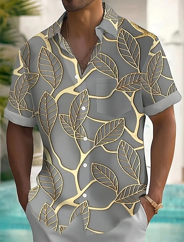  Voor heren Palmblad Tropische planten Hawaiiaans overhemd Overhemd met knopen Korte mouw Hawaii Toevlucht Vakantie Feestdagen Strand Kleding Zomer Lente Strijkijzer shirts met kraag Voorste zak Geel