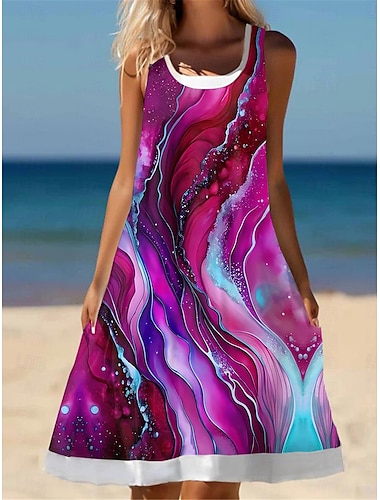  Damen Minikleid T-Shirt-Kleid Sommerkleid A Linie Kleid Urlaub Lässig Strand Ausgehen Strand Lässiger Schnitt Ombre Grafik Geometrisch Ärmellos U-Ausschnitt Königliches Blau Fuchsie Grün Sommer