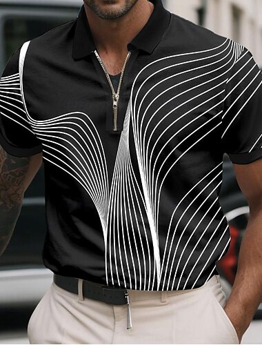  Herren Geometrisch Linie Poloshirts mit Reißverschluss Kurzarm Polo-Shirts Hemden mit Kragen Business-Casual Geschäft Athleisure Büro-Outfit Alltagskleidung 3D-Druck Sommer Schwarz Weiß