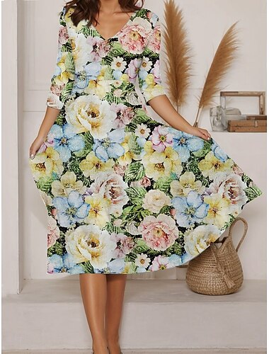  Damen Midikleid A Linie Kleid Sommerkleid Urlaub Lässig Täglich Normale Passform Blumen Grafik Langarm V Ausschnitt Rosa Blau Grün Sommer