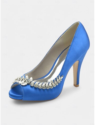  Escarpins à bout ouvert en satin bleu avec ornements en cristal – chaussures de mariage et de bal de luxe pour femmes