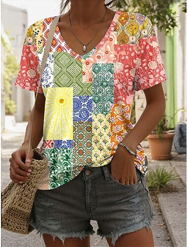 Damen T Shirt Ombre Blumen Grafik Lässig Kurzarm V Ausschnitt Normale Oberteile Täglich Druck Gelb Rote Blau Sommer Frühling