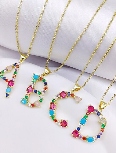  Collier de lettres personnalisé, chaîne de clavicule hip hop, pendentif alphabet en cuivre micro-pavé de zircons colorés, cadeau de bijoux unique pour la fête des mères