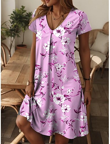  Damen Mini Kleid Petite Kleid Lässiges Kleid Sommerkleid A-Linien Kleid Elegantes Urlaub Kleid Stilvolles Urlaubs Tageskleid Reguläre Passform Blumen Grafik Verspielt Floral Kurzarm Crew Neck Rosa