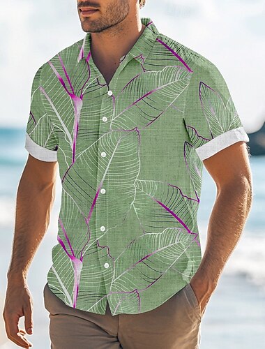  Per uomo Foglia di palma Piante tropicali Maglietta informale Camicia hawaiana Camicia con bottoni Manica corta Hawaiano Ricorrere Da mare Per eventi Abbigliamento mare Estate Primavera Collo
