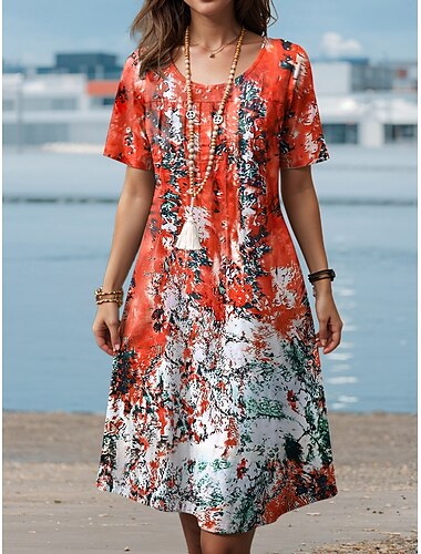  Femmes Robe Midi Robe fourreau Robe d'été Vacances Occasionnel Vacances Quotidien Coupe Ample A Ombre Graphique Manche Courte Col ras du cou Rouge Été