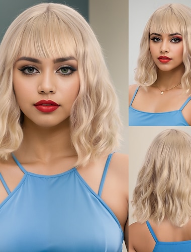  Synthetische Perücken Wellen Curly Webart Asymmetrischer Haarschnitt Gerader Pony Maschinell gefertigt Perücke 14 Zoll A1 Synthetische Haare Damen Klassisch Komfortabel Farbverläufe Hellbraun
