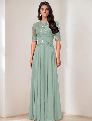  A-Lijn Jurk Moeder van de Bruid Jurk Elegante Feest Juweel Hals Vloerlengte Chiffon Halve Mouw met Kant Effen Kleur