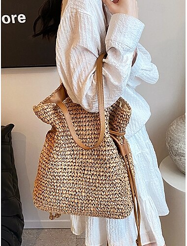  handgewebte Stroh-Beuteltasche – Boho-Schultertasche mit Kordelzug, leichte Sommer-Strandhandtasche für Damen, lässiges Urlaubs- und Reiseaccessoire, Farbe Beige Kaffee