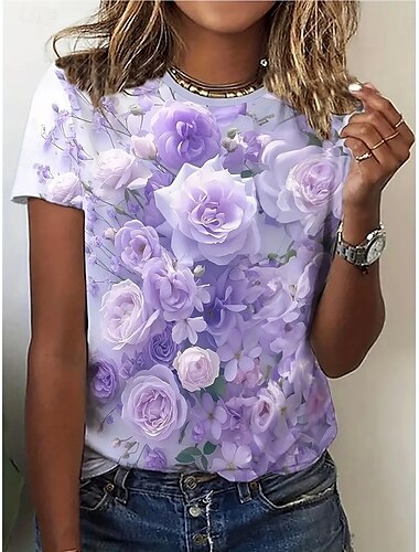  Damen T Shirt Sommeroberteile Rose Grafik Klassisch Lässig Kurzarm Rundhalsausschnitt Crop Tops Täglich Wochenende Druck Regenbogen Sommer Frühling Herbst
