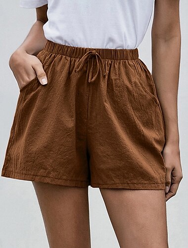  Dam Shorts i bomullslinne Shorts Mode Streetwear Kort Naturlig Slät Ficka Elastisk dragsko-design Bekväm Utomhus Gata Dagliga kläder Utekväll Vin Mörkbrun Armégrön Mörk marin Sommar Normal