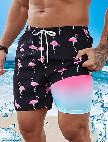  Homens Flamingo Pássaro Shorts Forrados Shorts de Natação Bermuda de Surf Cintura Média Havaiana Férias Feriado Roupa de Praia Bolsos laterais Com forro de compressão Cintura elástica com cordão