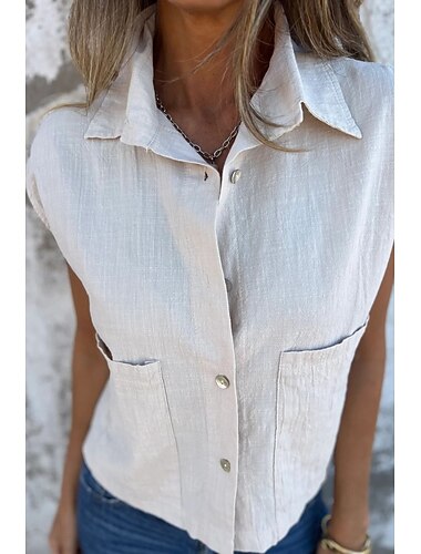  Per donna Camicia Camicie di cotone e lino Camicia di lino Abbottonare Semplice Elegante Moderno Senza Maniche Colletto a Camicia Top Regolari Quotidiano Ferie Uscire Bottoni Bianco Blu marino