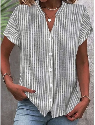  Chemise Femme Graphique Rayée Stylée Plage à Manches Courtes Col Chemise Hauts Réguliers Quotidien Boutons Imprimé Rose Bleu Vert Gris Printemps Automne