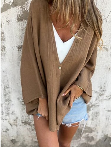  Blusa da donna in cotone e lino colori solidi casual maniche lunghe scollo a V bottoni quotidiani nero arancione marrone verde grigio scuro estate