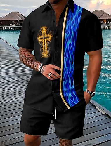  Ostern Herren Kreuz 2St Hemden-Sets Hemd Set Kurzarm Kurze Hosen Umlegekragen Vintage Lässig Täglich Festival-Outfit 3D-Druck Sommer Rubinrot Weiß Orange