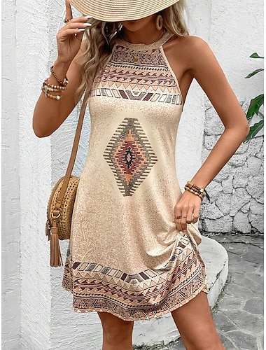  Dames Mini-jurk Zonnejurk halter jurk Off-the-shoulder jurk Vakantie Casual Dagelijks Normale pasvorm Grafisch Tribal Mouwloos Halternek Kameel Zomer