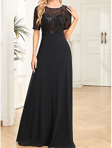  Kleid Brautmutterkleid Elegantes Party Crew-Neck Bodenlang Chiffon Spandex Kurzarm mit Pailletten 2025